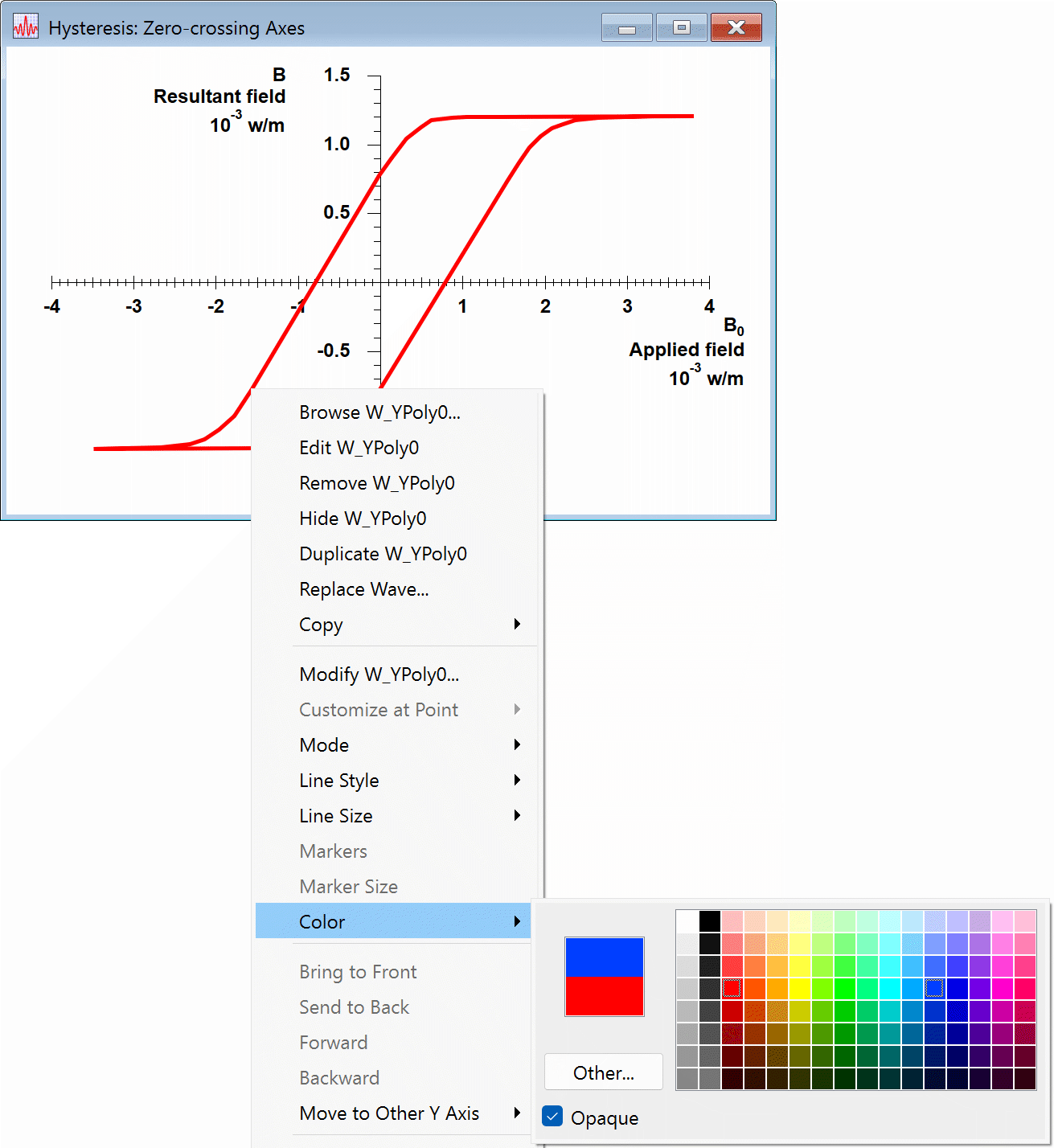 contextual menu when right-clicking a trace