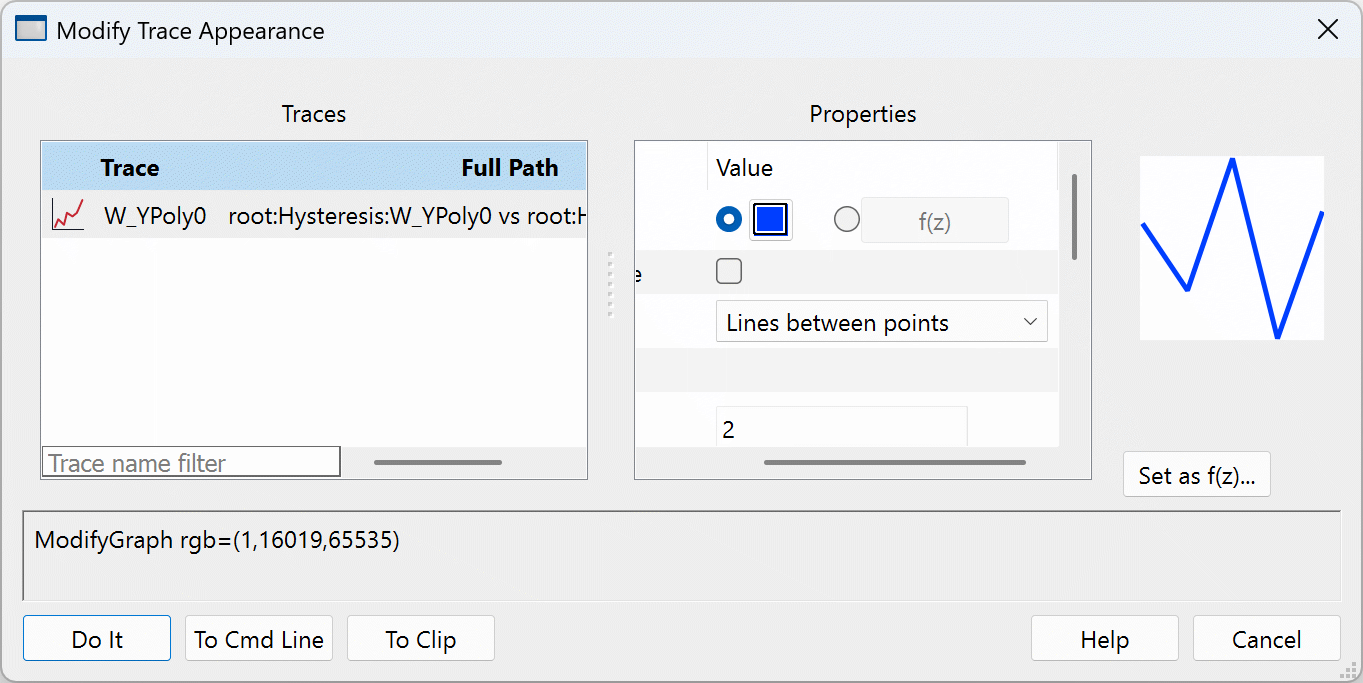 Modify Trace Appearance Dialog shows command to be executed