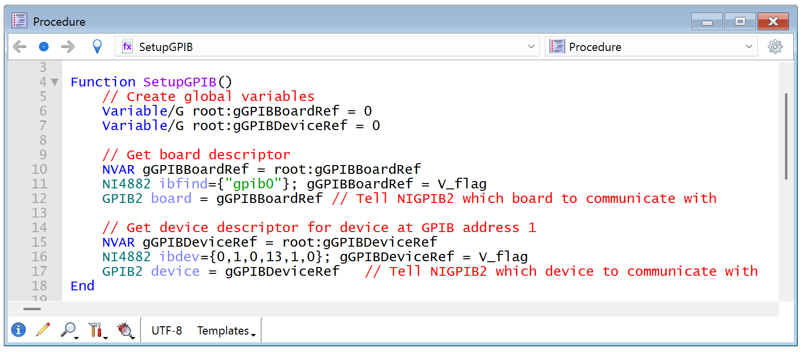 Igor code to setup GPIB communications
