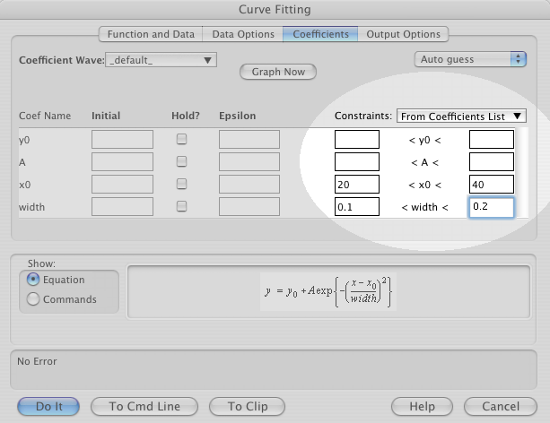Curve Fit Dialog Screen Shot with Constraints Highlighted