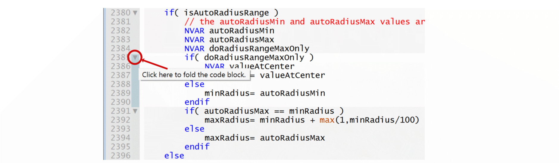 Igor code editor showing where to click to fold a code block