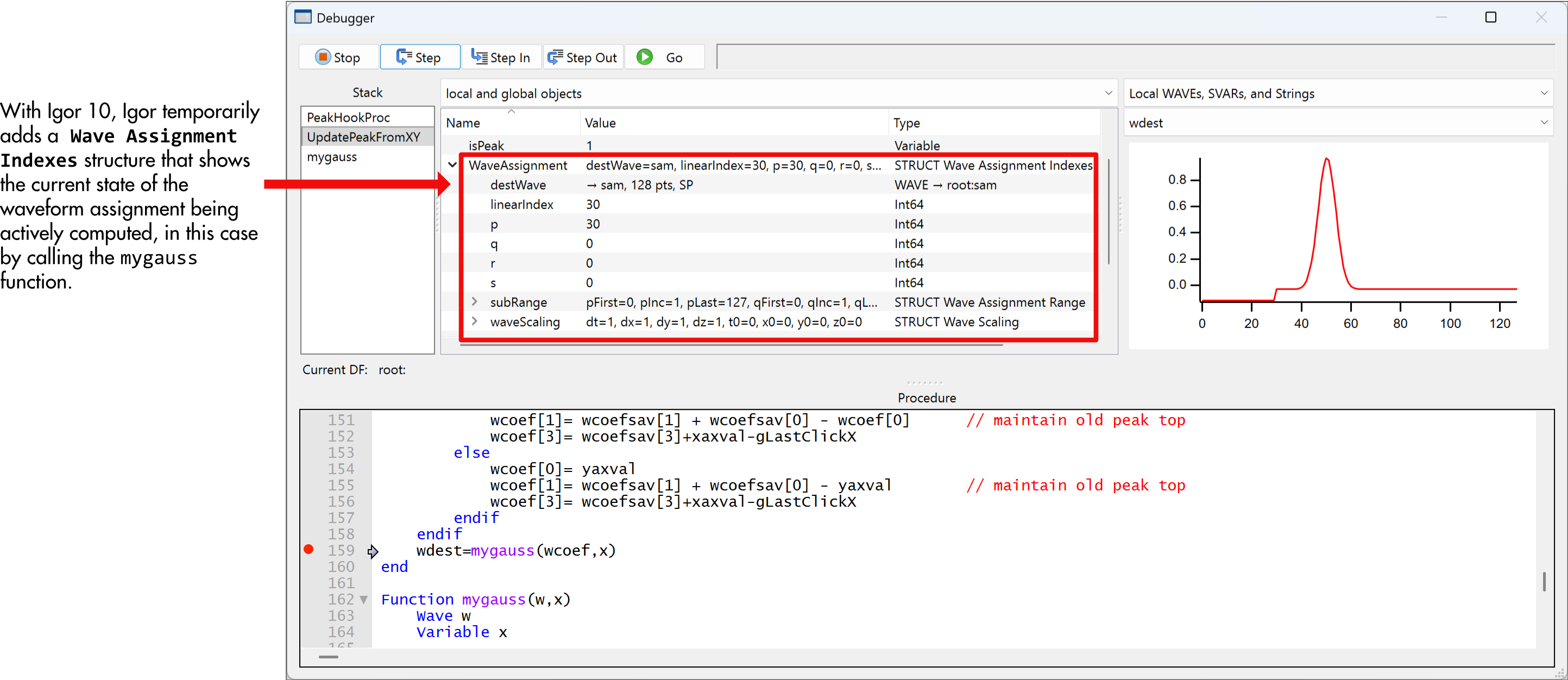 debugger shows state of wave assignment