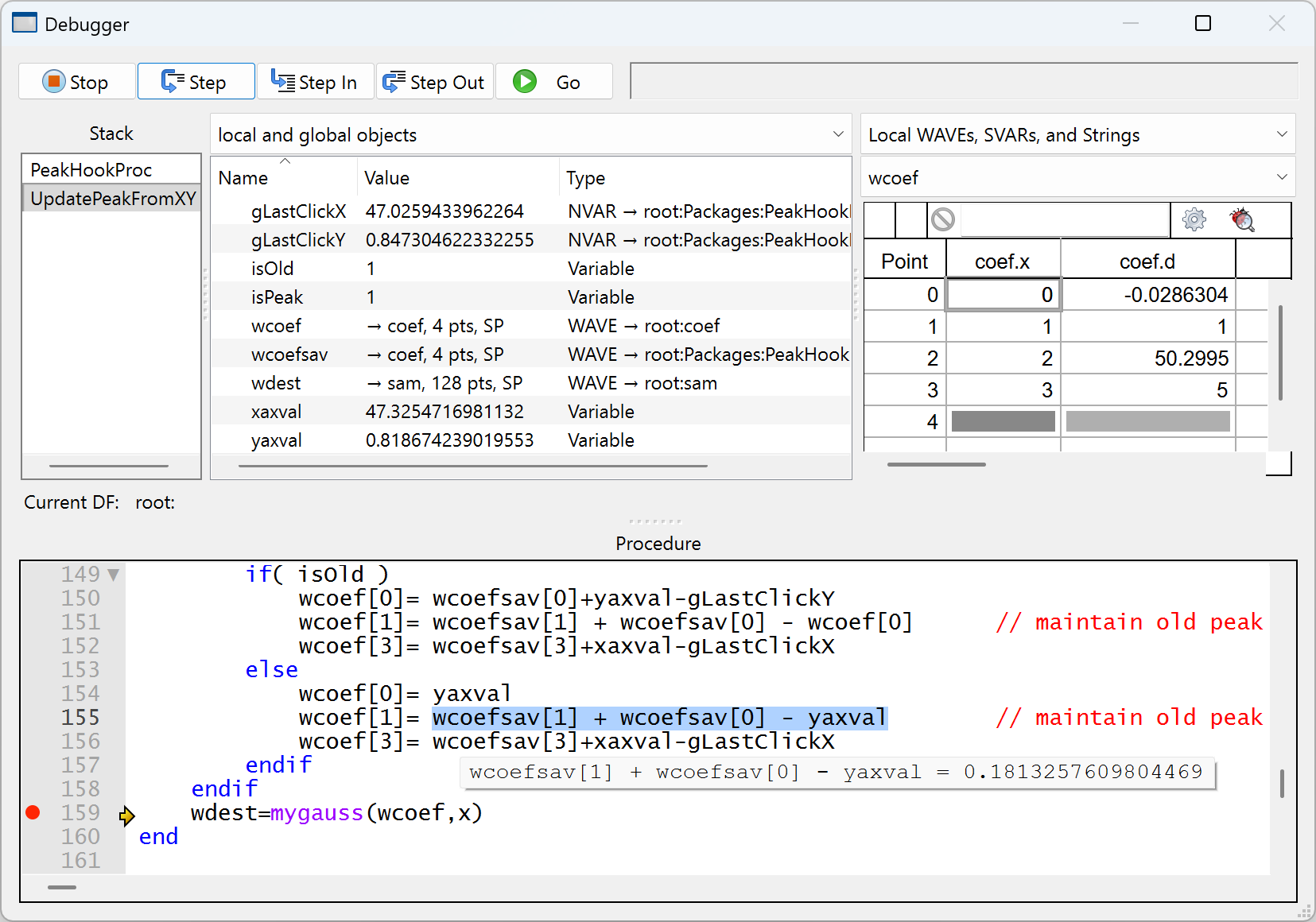 igor's debugger window