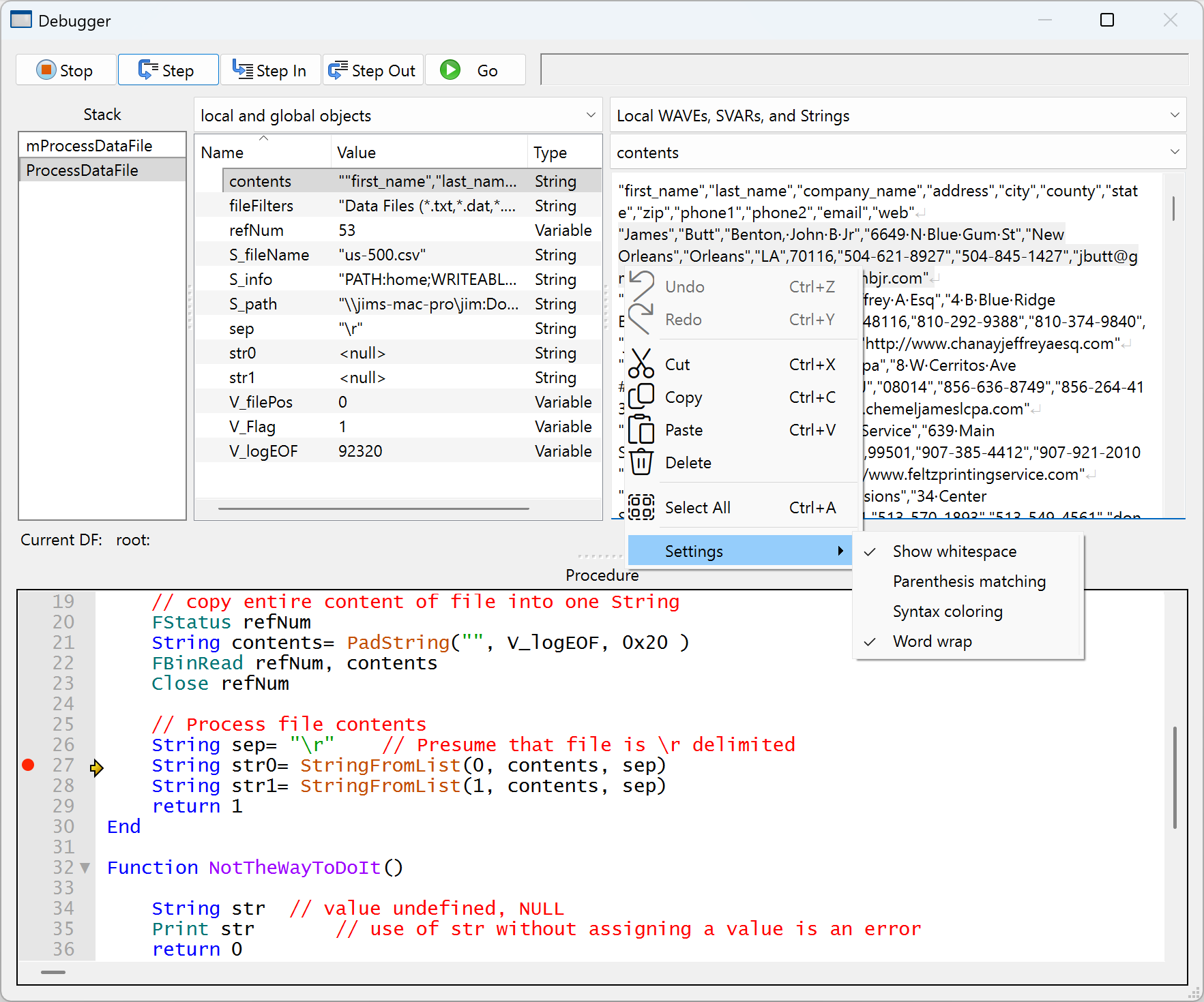 debugger has a string inspector