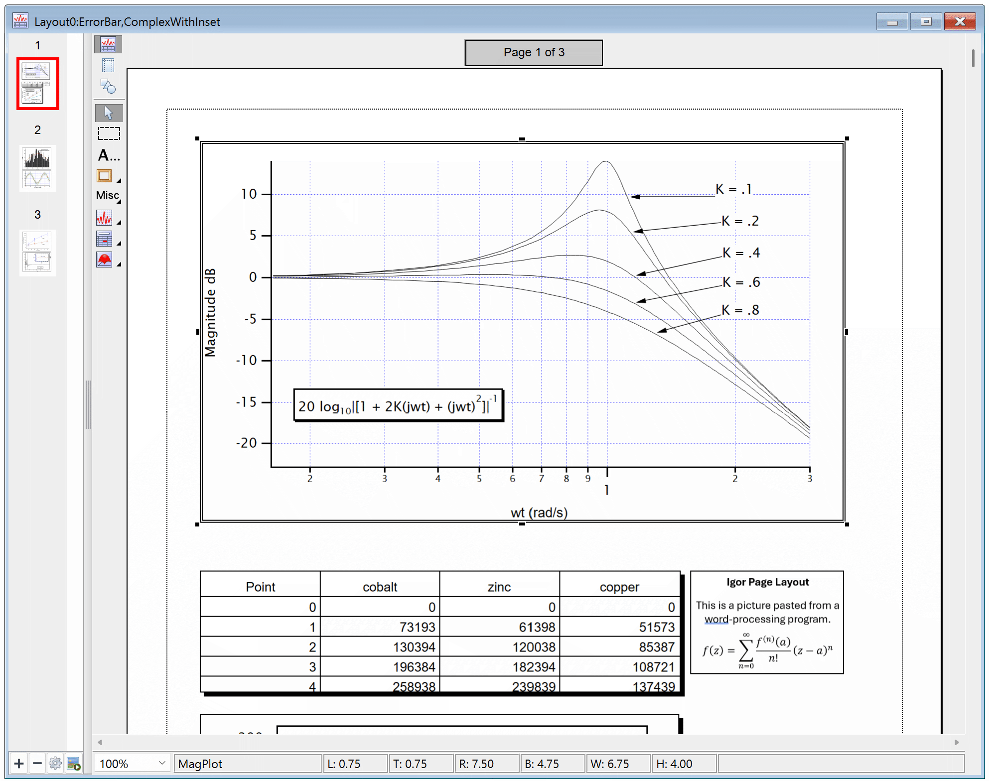 page layout window with graphs, table, and annotations